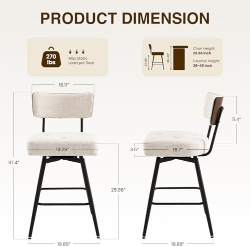 Kimmars-Counter Height Bar Stools - Modern Metal Legs