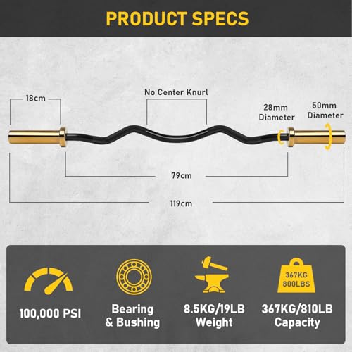 Miniatura 5 de Physkcal Ez Curl Bar, Barra Olímpica Super Ez De 1,2 M Para Discos De Peso Estándar De 50 Mm, Excelente Para Ganar Bíceps Y Tríceps, Dorado Y Negro