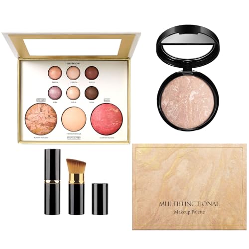 Image of 3-Piece All-in-One Makeup Set – Face Makeup Palette with Eyeshadow Contour Blush & Highlighter, Baked Foundation Powder & Makeup Brush Kit