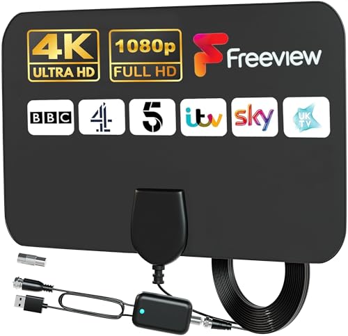 GLOBAL TECH TV Aerial Indoor – Digital Indoor TV Ariels 250+ Miles Long Range Amplified Digital TV Antenna with Signal Booster and 13 ft Long Cable for UK Freeview Channels