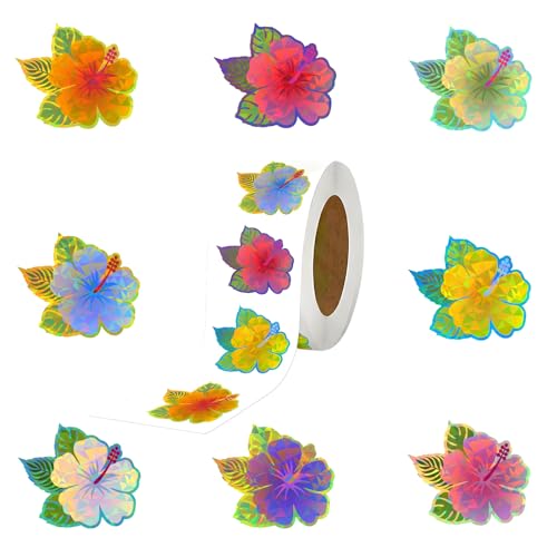 500Pcs Summer Hibiscus Stickers Roll - Hawaiian Tropical Stickers with 8 Colorful Designs - Self-Adhesive for Pool Party Decorations Envelopes Cards & Summer Decor