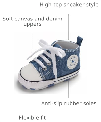Image of Unisex Baby Boys Girls Shoes, Newborn Infant Non-Slip Canvas Denim High Top Sneakers, Toddler First Walkers Shoes