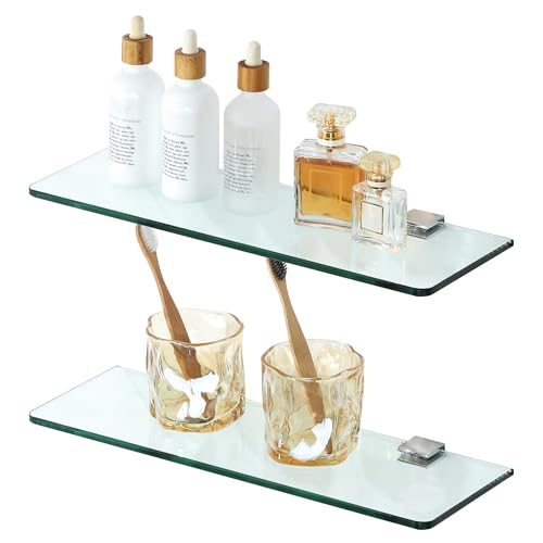 Alise Glass Bathroom Shelves,15 Inch Floating Shelves for Wall Rectangular Tempered Glass Shelf for Bathroom Shelf Wall Mounted Storage Organizer for Bedroom,Over Toilet,Kitchen,2 Pcs