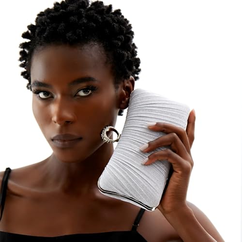 Image of Womens Golden Glitter Clutch Purse Pleated Evening Bag for Bridal Wedding Party with Rhinestone Ring