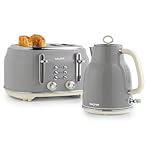 Salter COMBO-9191 Retro Kettle & Toaster Set – 1.7L Fast Boil Kettle With Removable Limescale Filter, 4-Slice Wide Slot Toaster for Thick Bread, High Lift Eject, Blue Indicator Lights, 3kW/1630W, Grey