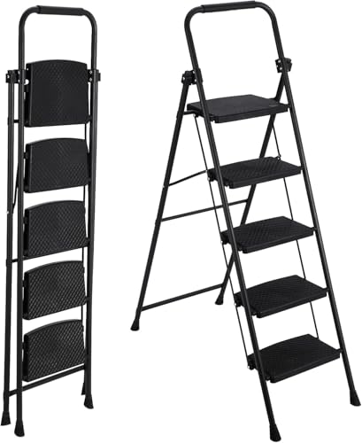 5 Step Ladder Stool, Foldable Step Stool with Anti-Slip Wide
