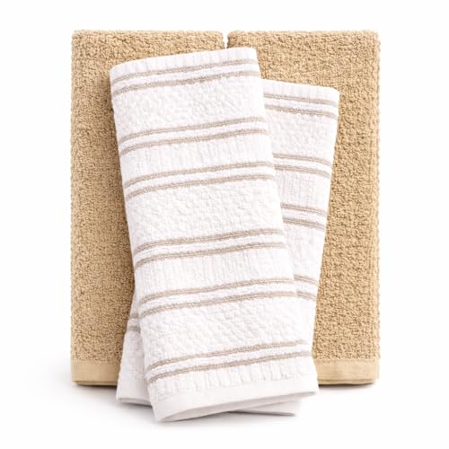 Image of Kitchen Towels Set of 4, Cotton Waffle Weave Dish Towels, 2 Solid & 2 Striped Kitchen Hand Towels, Super Absorbent Taupe and White Tea Towels, 18 x 28 Inch