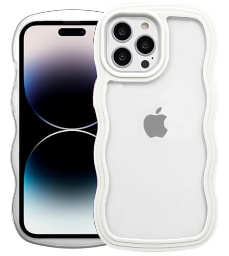 Image of GoldKart iPhone 14 Pro Max Case Wavy Edge Clear Back Design, Anti-Slip Grip Cute Wave Curly Frame Shape Shockproof Soft TPU & Hard PC Bumper Protective Phone Case Cover for Women Girls - White