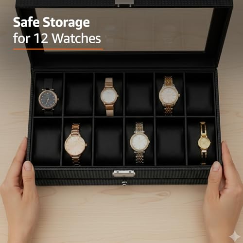 Image of Amazon Basics Sliding Drawer 12-Slot Watch and Jewelry Organizer - Faux Leather & MDF Storage Box for Men and Women, Black