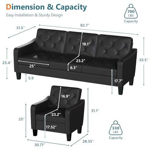 Image of STHOUYN Living Room Furniture Set USB Charging Port, 3-Piece Sofa Set with 2 Accent Chairs & 3-Seat Couch, Black Faux Leather Couch Diamond Tufting, Modern Living Room Sets Home & Office