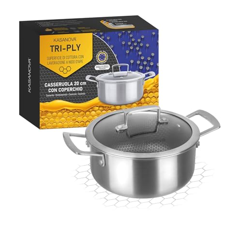 KASANOVA casseruola antiaderente induzione Tri-ply, casseruola con coperchio in vetro, rivestimento antiaderente indistruttibile a 3 strati (Casseruola 20 cm)