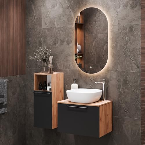 Planetmöbel Astra - Set di mobili da bagno con lavabo, 60 cm, con 1 armadietto mid-gabinetto color oro, rovere antracite, 42 cm, bianco, specchio (con LED), 50 cm