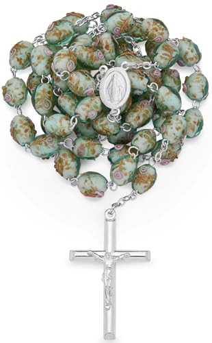 Mondo Cattolico Rosary Beads catholic from Vatican, Vintage Sterling Silver Looked Traditional Rosary of the Miraculous Virgin Mary with decorated relief roses beads in green crystal