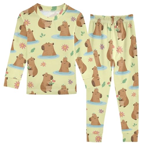 Pajama Sets Long Sleeve Cute Capybara with Flowers Soft Comfy Sleepwear 2 Piece PJS 3-8T