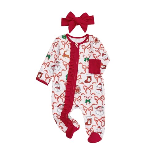 Amiblvowa My First Christmas Baby Girl Outfit Infant Coming Home Clothes One Piece Bow Zipper Footie Jumpsuit Newborn Ruffle Xmas Romper (Santa Red, 6-12 Months)