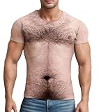 Fanient Hairy Chest T-Shirt for Men Funny Graphic T Shirt Belly Hair Short Sleeve Summer Tee Top L