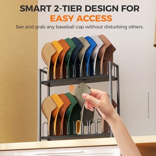 Cinati 2-Tier Hat Organizer for Baseball Caps, 2 Pack 18 Capacity Freestanding Baseball Cap Rack, Metal & Wood Hat Storage for Closet Entryway Bedroom, Black Cap Holder Stand, Gifts for Men Dad - image 8