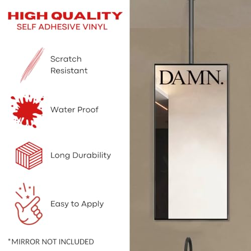 Image of Sticker for Glass & Mirrors| Minimal Vinyl Decal for Bedroom Bathroom & Cafe | Self-Adhesive Waterproof Quote Mirror Sticker | Aesthetic Decals (Damn., Medium, Matt Black)