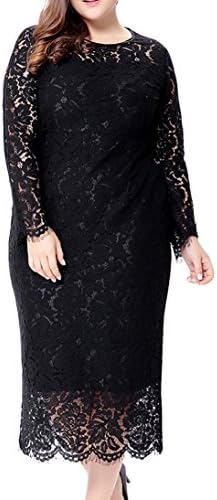 Eternatastic Women's Floral Lace Long Sleeve Plus Size Lace Dress Black 3XL