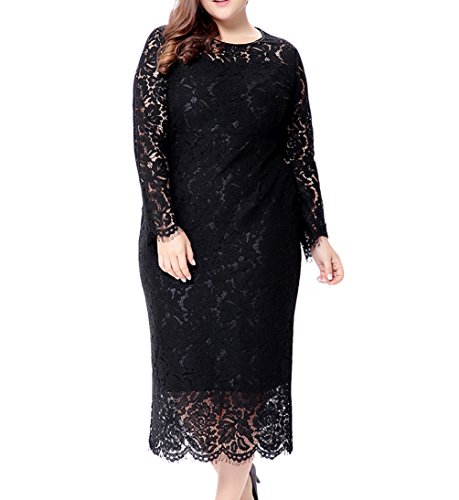 Eternatastic Women's Floral Lace Long Sleeve Plus Size Lace Dress Black 3XL