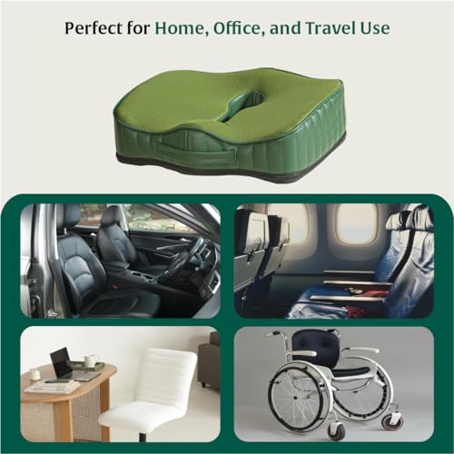 Image of The White Willow Coccyx Cushion for Tailbone Pain-Coccyx Sitting Pillow for Piles- Memory Foam Seat Cushion for Car, Office Chair-Coccyx Pillow for Sciatica & Hip Pain-Medium Firm-Above 60KG-Green