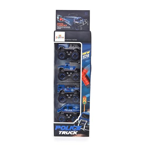 Image of Die-Cast Alloy Monster Police Truck Set of 4 with Manual Launcher | Metal Mini Monster Vehicle Toy Cars | Multicolor Pull-Back Friction Trucks for Kids Aged 3+ Years
