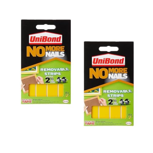 Image of Unibond No More Nails,Removable Adhesive Strips, Double Sided, For Hanging Photo Frames, Hooks, Car Number Plate, Up To 2Kg, DIY, Fast & Easy Mounting Pack Of 10, 9.5 Cm, Multicolour(pack of 2)