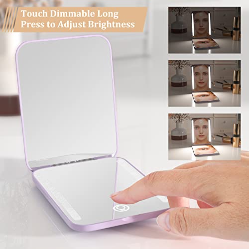 wobsion Travel Mirror with Light,1x/3x Compact Magnifying Mirror for Makeup,3 Color Modes,Portable Rechargeable Mini Mirror for Purse,Pocket,Gift,Purple