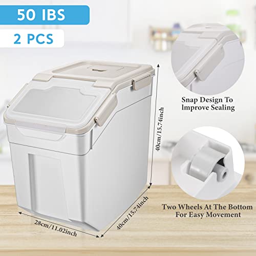 Sunnyray 2 Pcs 50Lbs Rice Storage Containers With Measuring Cups Airtight Thickened Wet Proof For Rice Cereals Pet Food Flour Pp Material Containers With Wheels Large Capacity #TOP1
