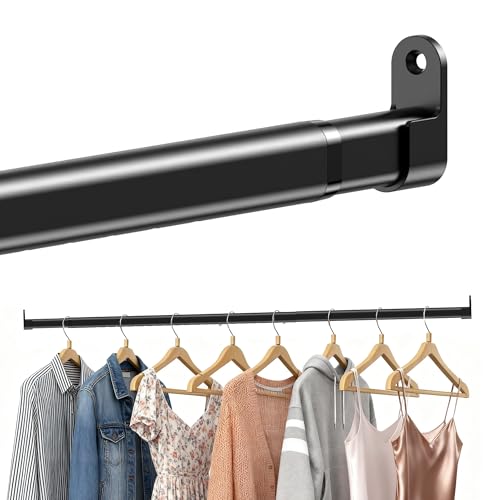 Clothes Rail Heavy Duty for Wardrobe Black, 25 mm Wall-Mounted Oval Hanging Rail, Extendable Wardrobe Rail with 2 Brackets, 43-101 cm