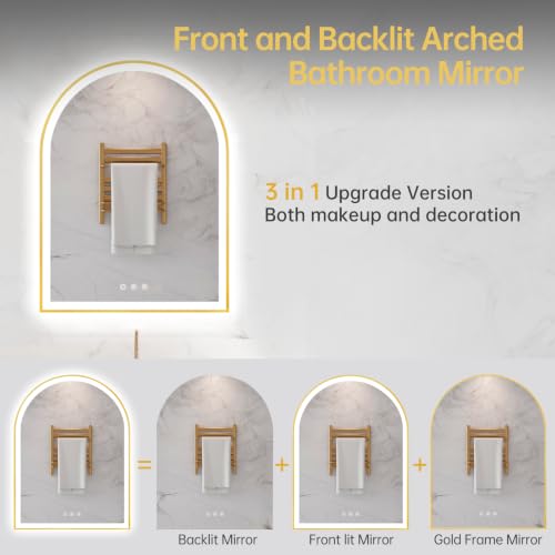Image of 24 inchx32 inch Arched LED Lighted Bathroom Mirror with Lights | Gold Aluminum Frame, Fogless, Dimmable, Shatterproof, Touch Sensor, 3 Color Changing