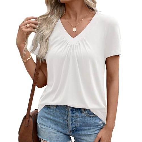 LOMON Womens Summer Tops Short Sleeve V Neck Pleated T-Shirts Loose Fit Dressy Casual Blouses S-XXL