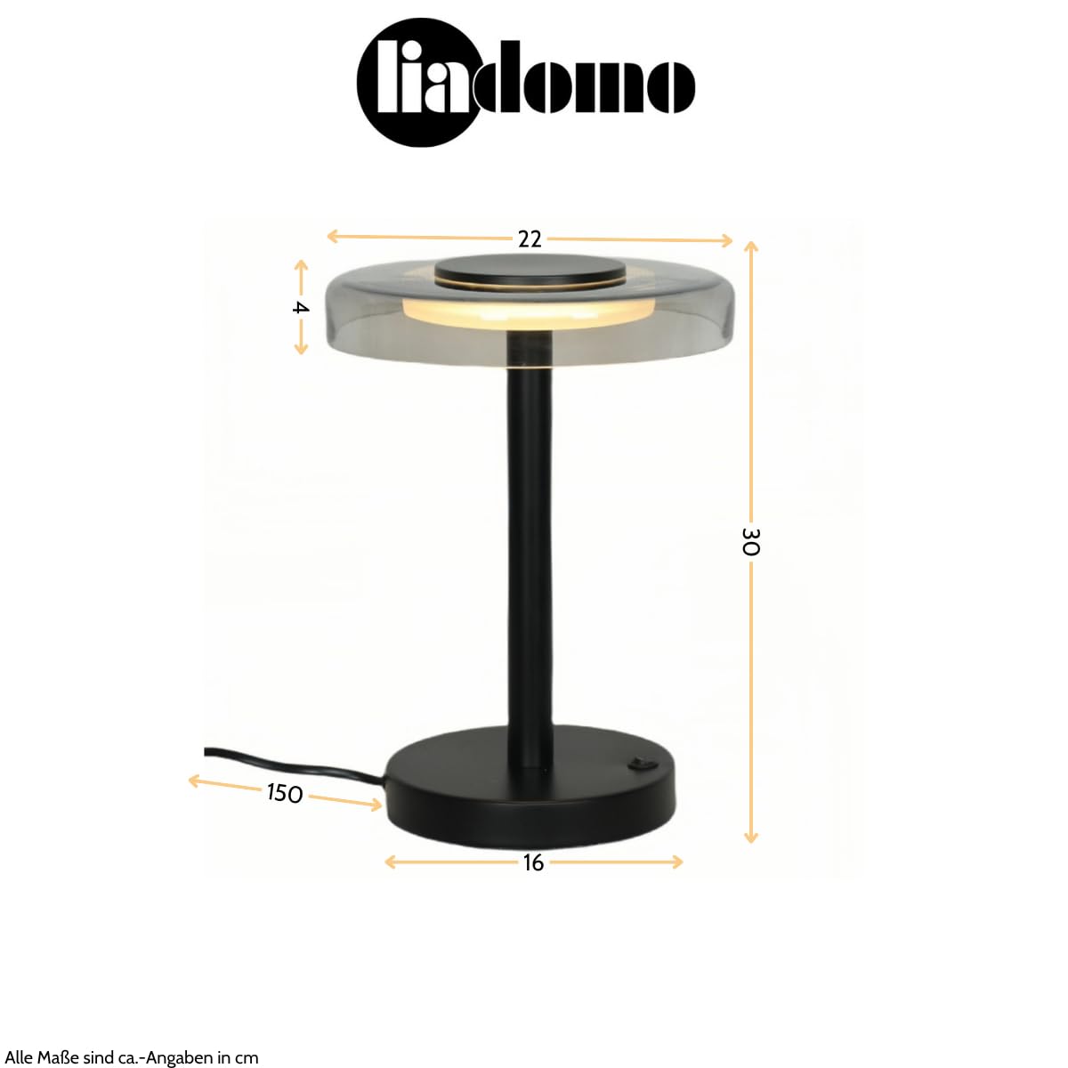 Tischleuchte Volos, Tischlampe Glas LED Wohnzimmer, Schlafzimmer | moderne Nachttischlampe, Schreibtischlampe, Schwarz, Ø 22 cm, Design Dekolampe, mit Kabel, Metallfuß, 30 cm Höhe, Warmweiß
