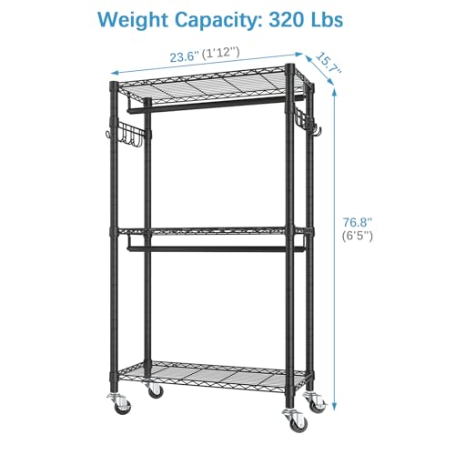VIPEK R2 Mini Rolling Clothes Rack Heavy Duty Clothing Rack for Hanging Clothes Adjustable Portable Closet Metal Clothes Racks with Wheels Double Rods Side Hooks, Freestanding Garment Rack, Black