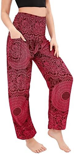 Nuofengkudu Women's Harem Hippie Yoga Pants Baggy Boho Patterned Smocked High Waist with Pockets Thai Fisherman Trousers Summer Beach