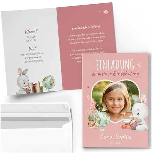 10 Einladungskarten Einschulung mit Foto und Text - Einladung Mädchen personalisiert - mit Umschlägen Schulanfang Schuleinführung Schulkind Motiv Herz niedlich rosa