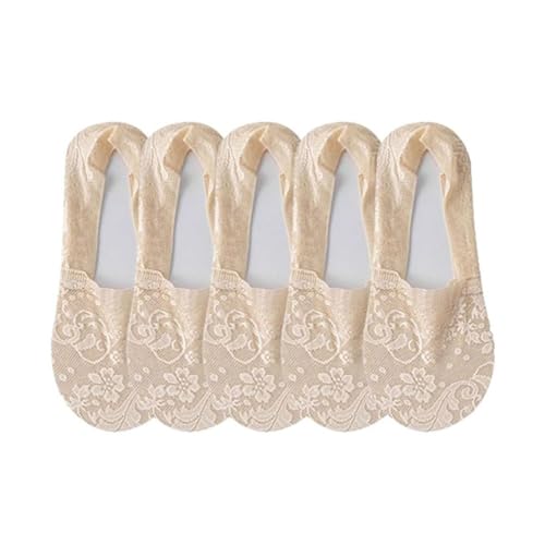 KIASRZN New Women's Lace Flower Cotton Bottom Invisible Socks,Women's No Show Lace Low Cut Socks (5 Pairs Skin Color,One Size)