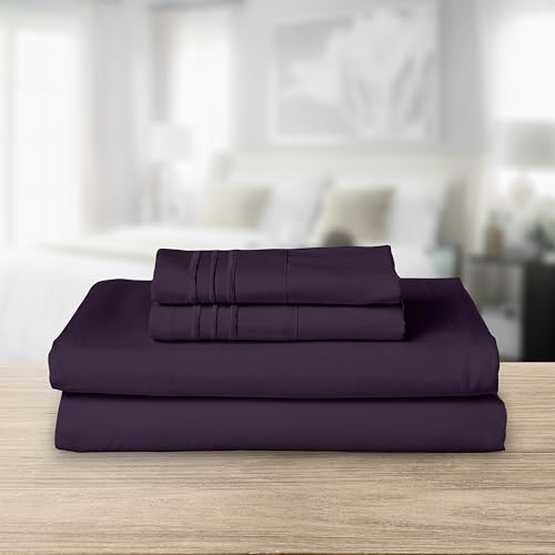 Image of Elegant Comfort Luxurious 1500 Premium Hotel Quality Microfiber Three Line Embroidered Softest 4-Piece Bed Sheet Set, Wrinkle and Fade Resistant, King, Eggplant-Purple