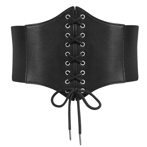 JRYGAC Cuero Corset Medieval Mujer Cinch, Retro Cinturón Ancho Mujer, Cinturon Elastico Mujer, Corsé para Mujer Cinturón Cintura Ancho para Ropa Formal, Vestidos, Cosplay (Negro)