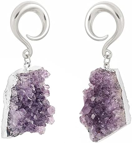 Amethyst Stone Hanging Ear Gauges w/Silver Hooks - Pair of Stone, Weighted Ear Plugs - 4 Size Options