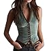 Vintage Vest for Women, Sleeveless V Neck, Velvet and Contrast Leather Trim Slim Fit Vest, Business Formal Dressy Fashion (Green,Large)