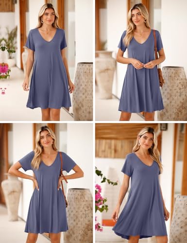 Image of JollieLovin Women T Shirt Plus Size Summer Swing Dresses Short Sleeve V Neck Loose Casual Dress(L-5X)