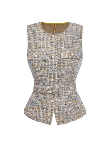 OYOANGLE Womens Tweed Plaid Blazer Vest Pearl Beaded Button Down Sleeveless Belted Jackets Business Casual Outfits Khaki Small