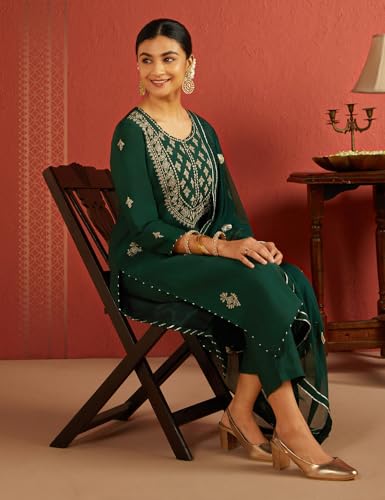 Image of Kaari Women's Embroidered Kurta Set with Dupatta - Straight Fit | Silk Blend Fabric with Zari Embroidery | Gota Patti Work Cotton Dupatta | Kurta Set For Women