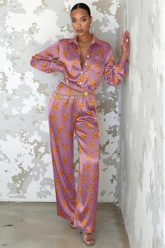 Image of Ekouaer Womens Satin Silky Pajama Set Soft Long PJs Button Down Loungewear | Print Sleepwear Cozy Lounge Set Classic Button Down Shirt and Long Pant with Pockts