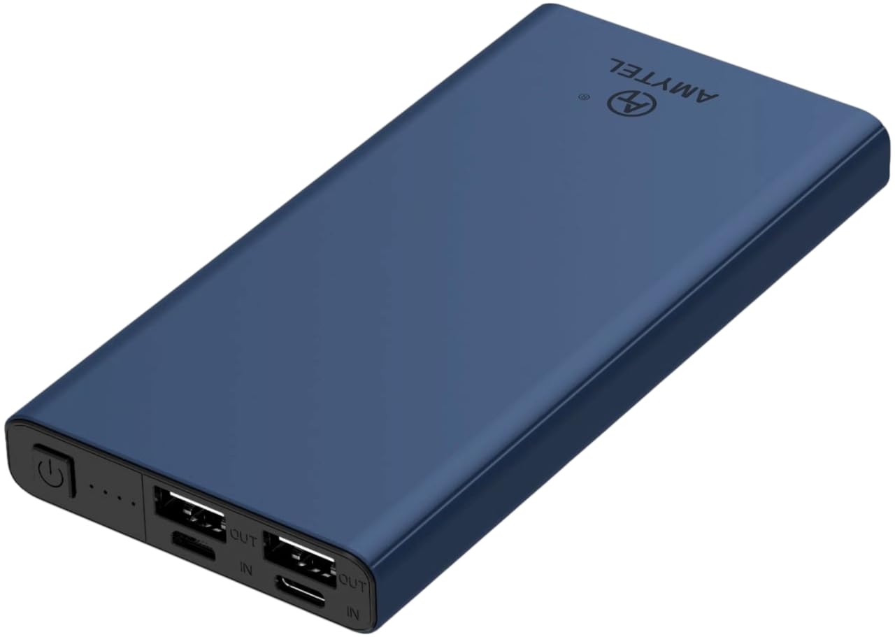 10000mAh Fast Charging Power Bank with Type-C & Micro USB Input, Slim Metal Body Portable Charger for Mobile Devices – Blue