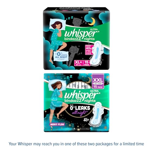 Whisper Bindazzz Nights 15 XXL Sanitary Pads, Upto 0% Leaks All Night Long, For Heavy Flow, Nearly 40% Longer with Wider Back, Active odor lock so you feel fresh, Disposable Wrapper
