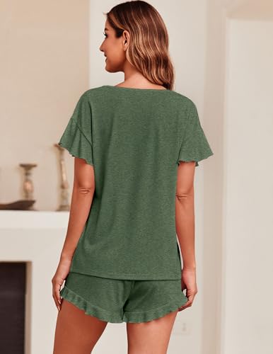 Image of Ekouaer Women's Pajama Set Ruffle Sleeves Top and Short | 2 Piece Ruffle Hem Sleeves Top and Shorts Pjs Set, Soft Short Sleepwear Set, Elastic Waistband Design