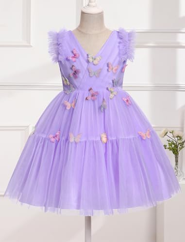 Image of IMEKIS Toddler Tea Party Dress: Flower Girl Baby Fairy 3rd 4th Birthday Outfit Cake Smash Photoshoot Kids Princess Formal Easter Tulle Tutu Pageant Graduation Wedding Guest Purple Butterfly 3-4T