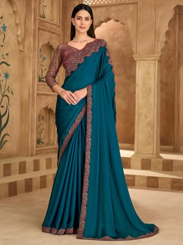 Image of AKHILAM Women's Satin Sequence Embroidery Saree With Unstitched Blouse Piece(SNDLWOD1601 TFH Parent)